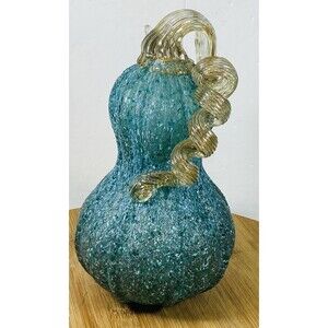 Blown Blue Glass Pumpkin Gourd LED Lighted Curly Stem Thanksgiving Decor 9"